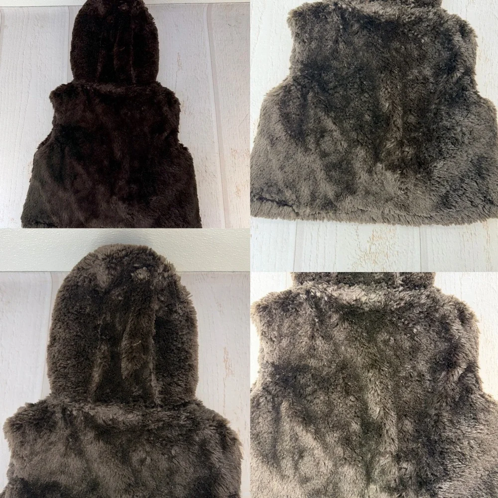 Y2K Faux Fur Hooded Puffer‎ Vest Girls Size 4/5 Brown Pom Pom Winter